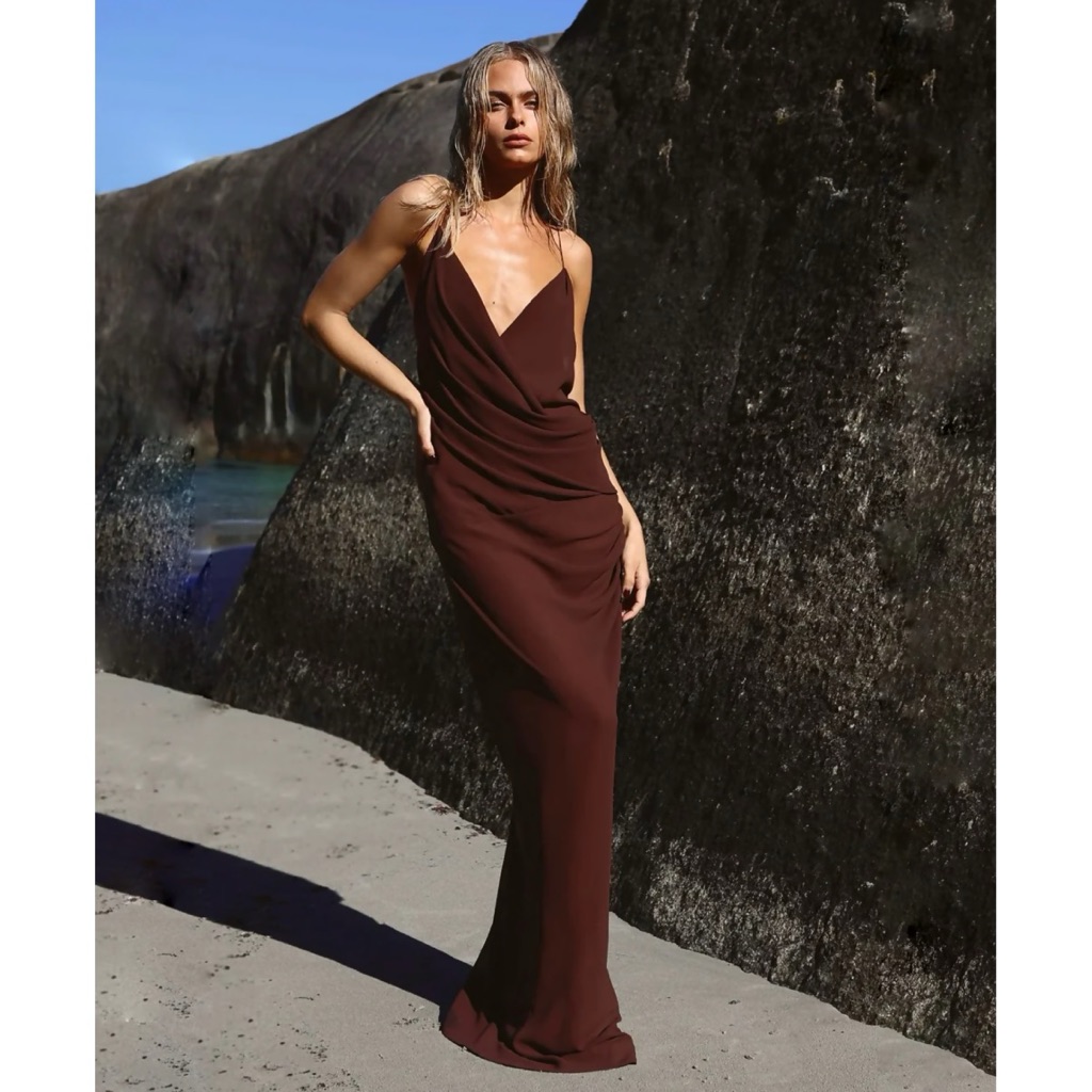 New Natalie Rolt Magnolia Gown (Sz 1) Draped Maxi Slip Dress Espresso Brown — image 2 of 8